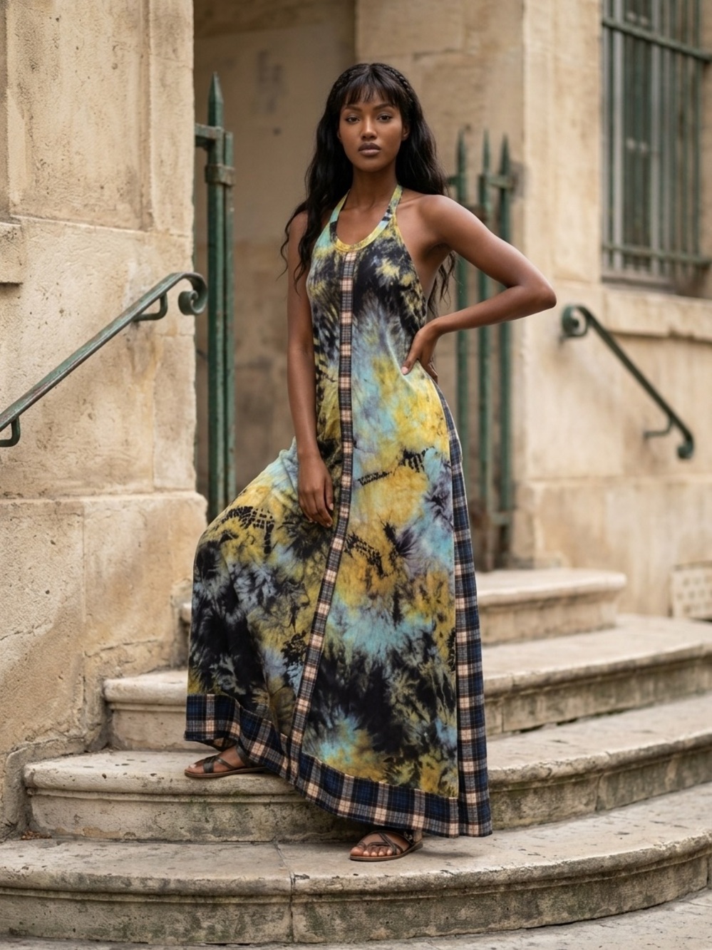 Vintage Boho Tie-Dye Halter Maxi Dress in Yellow, Blue & Black